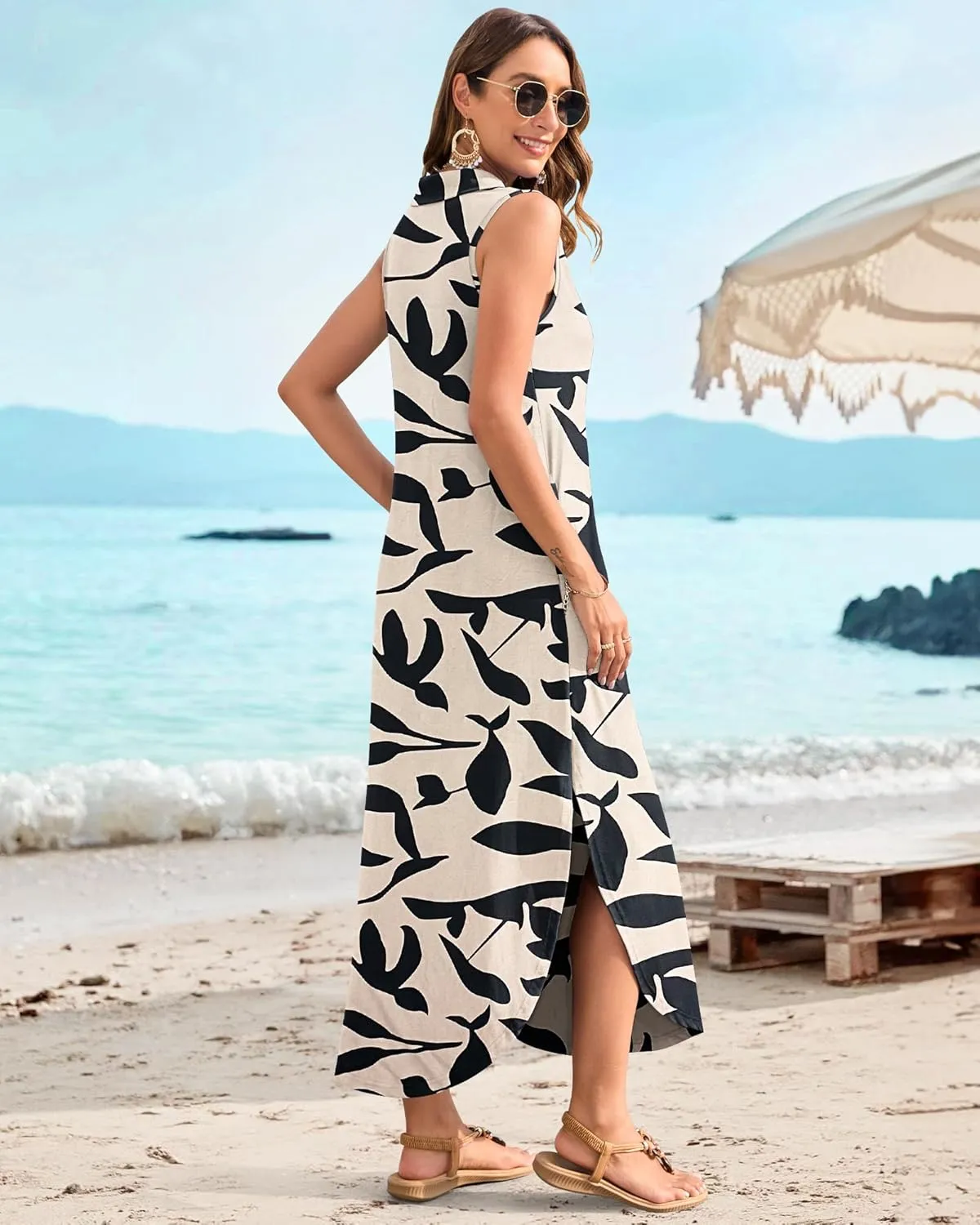 MOLERANI Women's Casual V Neck Maxi Dress Summer Long Sleeveless Sundress with Button 2025 Loose Fit Pockets