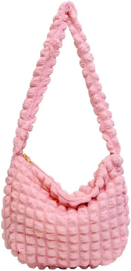 Molodo Pleated Plaid Shoulder Bag for Women Quilted Padded Crossbody Bag Large Capacity Tote Bag Soft Bucket Bag
