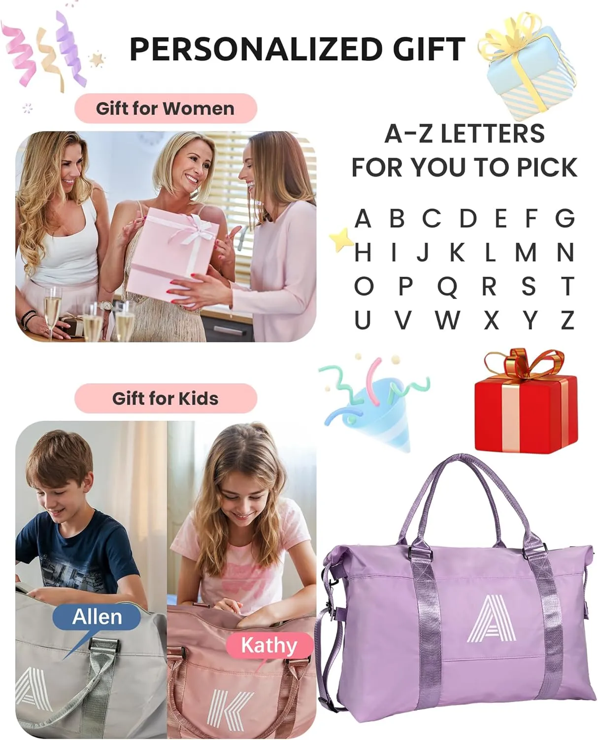 Mom Birthday Gift, Personalized Gifts, Initial Travel Duffel Bag, Personalized Weekender Bag,Monogram Overnight Bag, Personalized Gifts Friend Gifts Self Care Gifts for Women (Letter I)