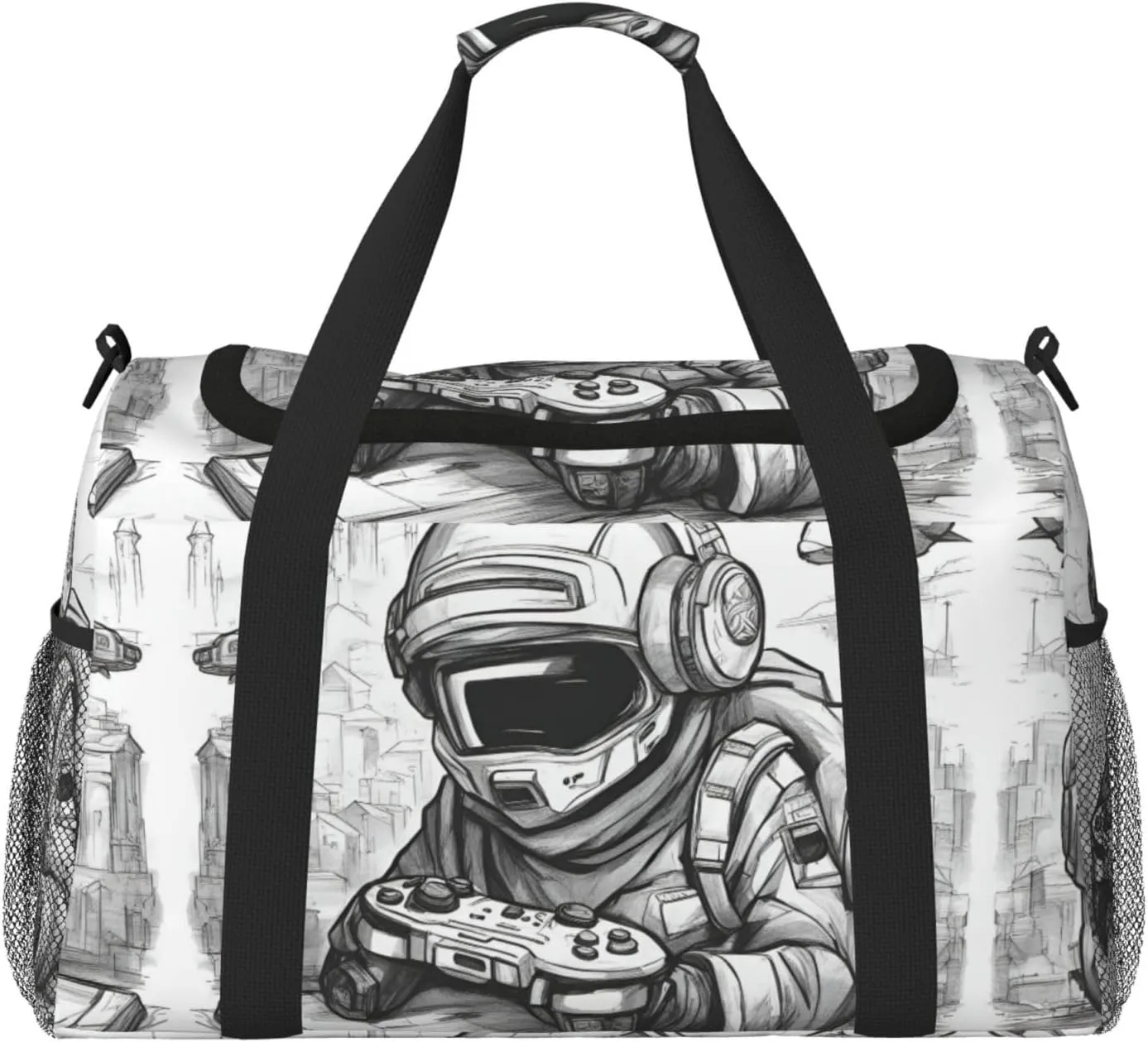 Monochrome Sketch Style Gaming print Carry on Luggage for Women Men Shoulder Weekender Crossbody Bag for Yoga Travel Must Haves