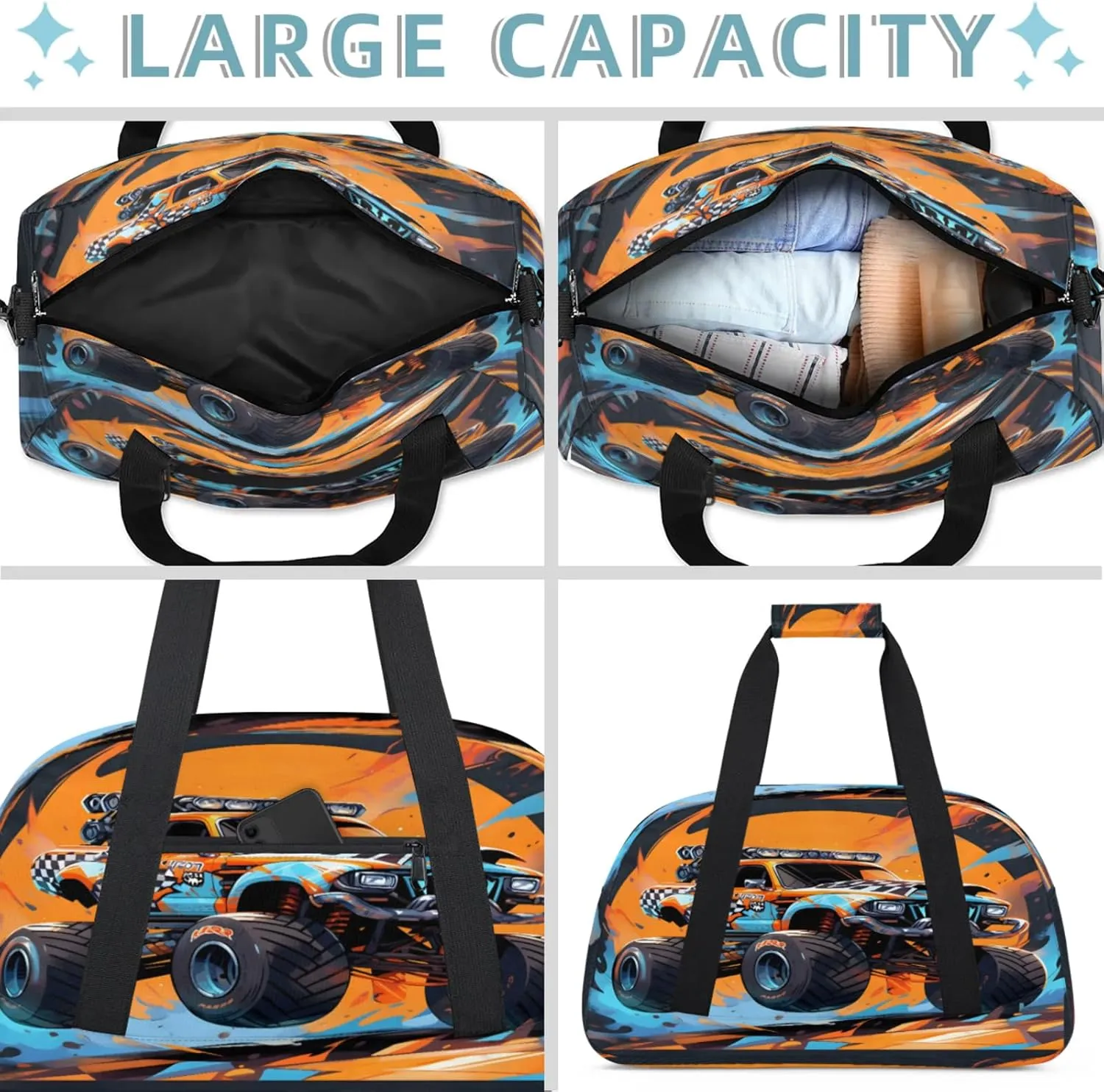 Monster Truck Small Gym Bag 18 inch Carry On Duffel Bag for Weekender Travel Sports Workout Yoga Gymnastics Dance Ballet