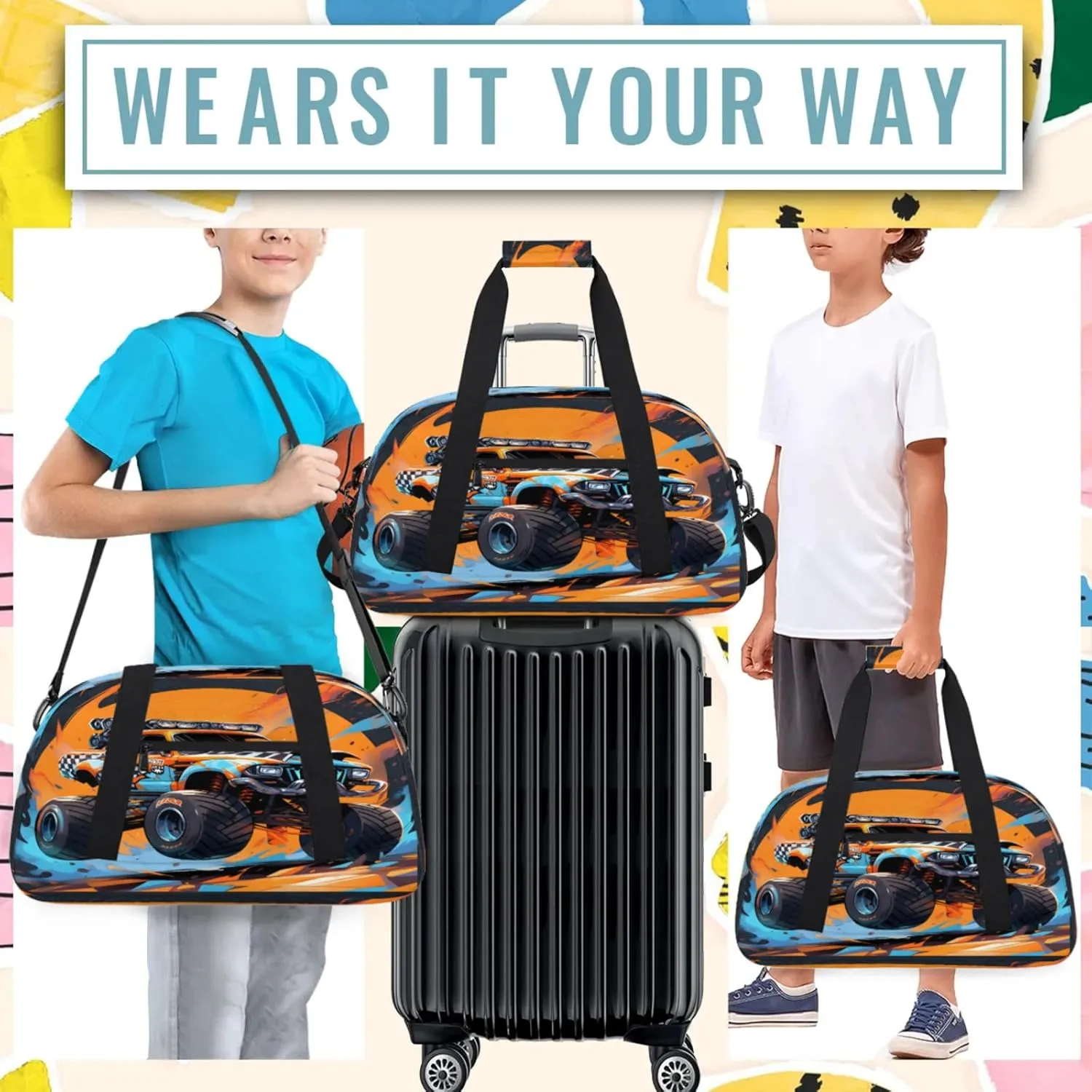 Monster Truck Small Gym Bag 18 inch Carry On Duffel Bag for Weekender Travel Sports Workout Yoga Gymnastics Dance Ballet