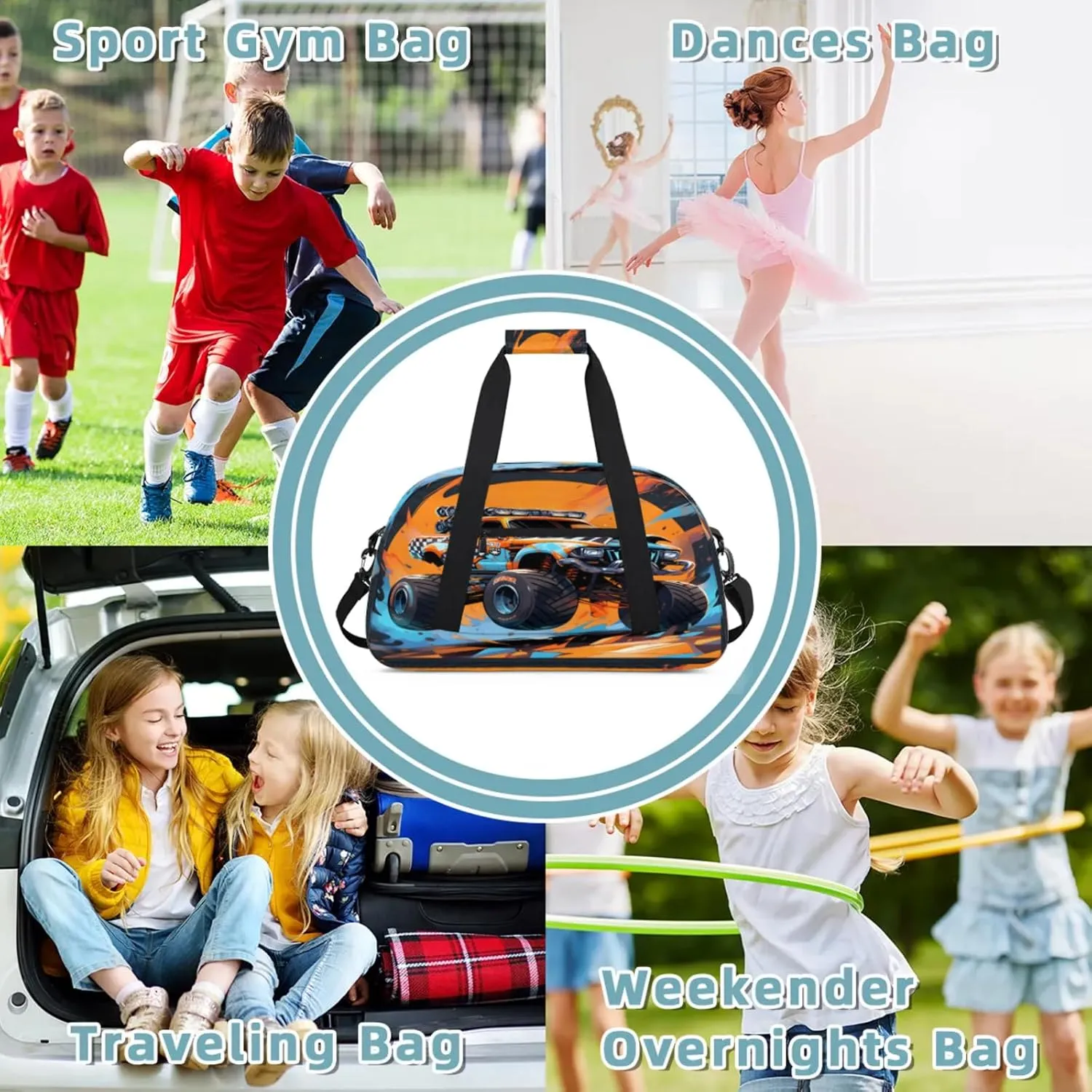 Monster Truck Small Gym Bag 18 inch Carry On Duffel Bag for Weekender Travel Sports Workout Yoga Gymnastics Dance Ballet