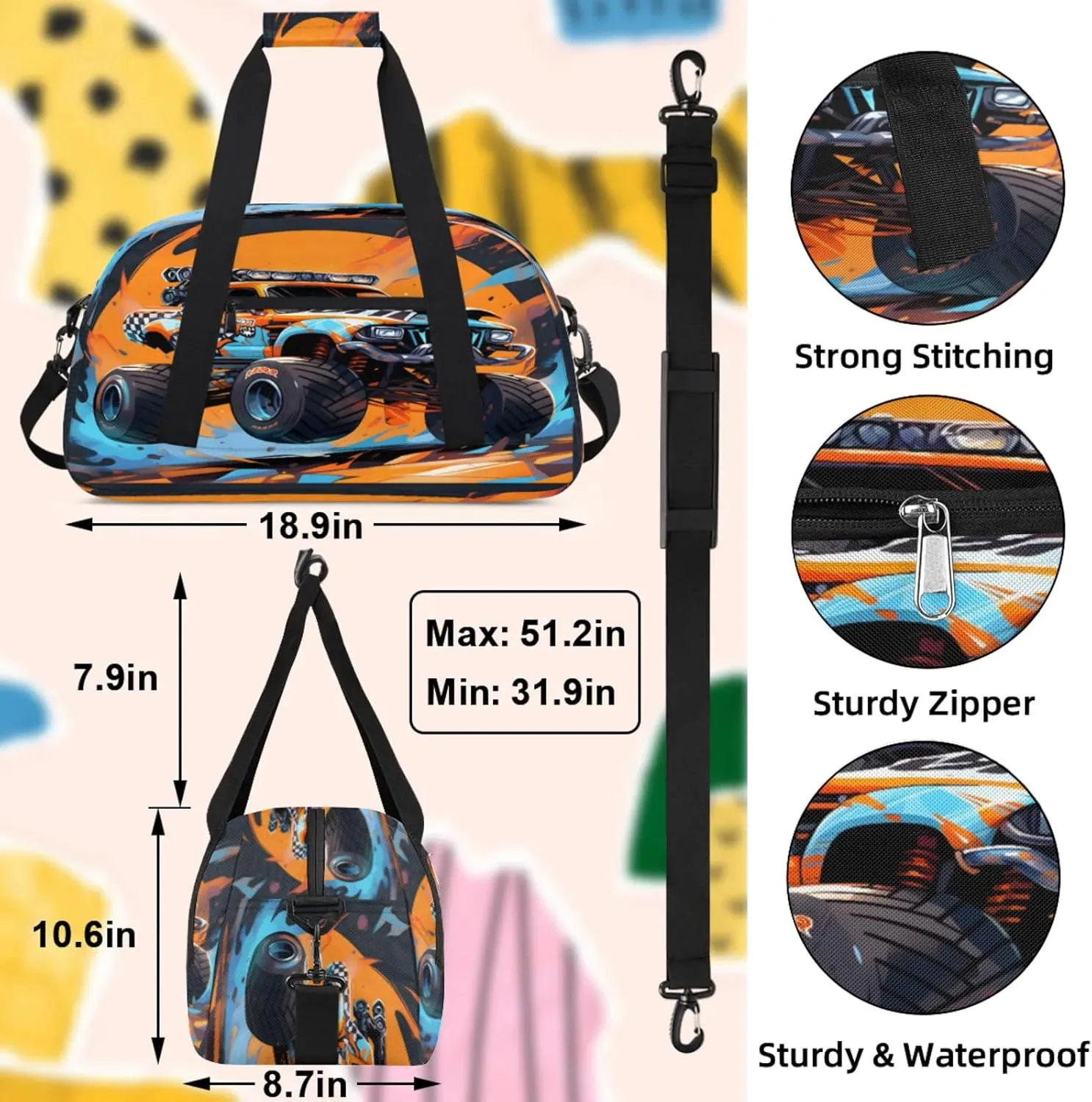 Monster Truck Small Gym Bag 18 inch Carry On Duffel Bag for Weekender Travel Sports Workout Yoga Gymnastics Dance Ballet