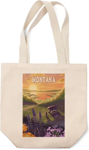 Montana, Bear and Spring Flowers, Lithograph (100% Cotton Canvas Reusable Tote Bag)