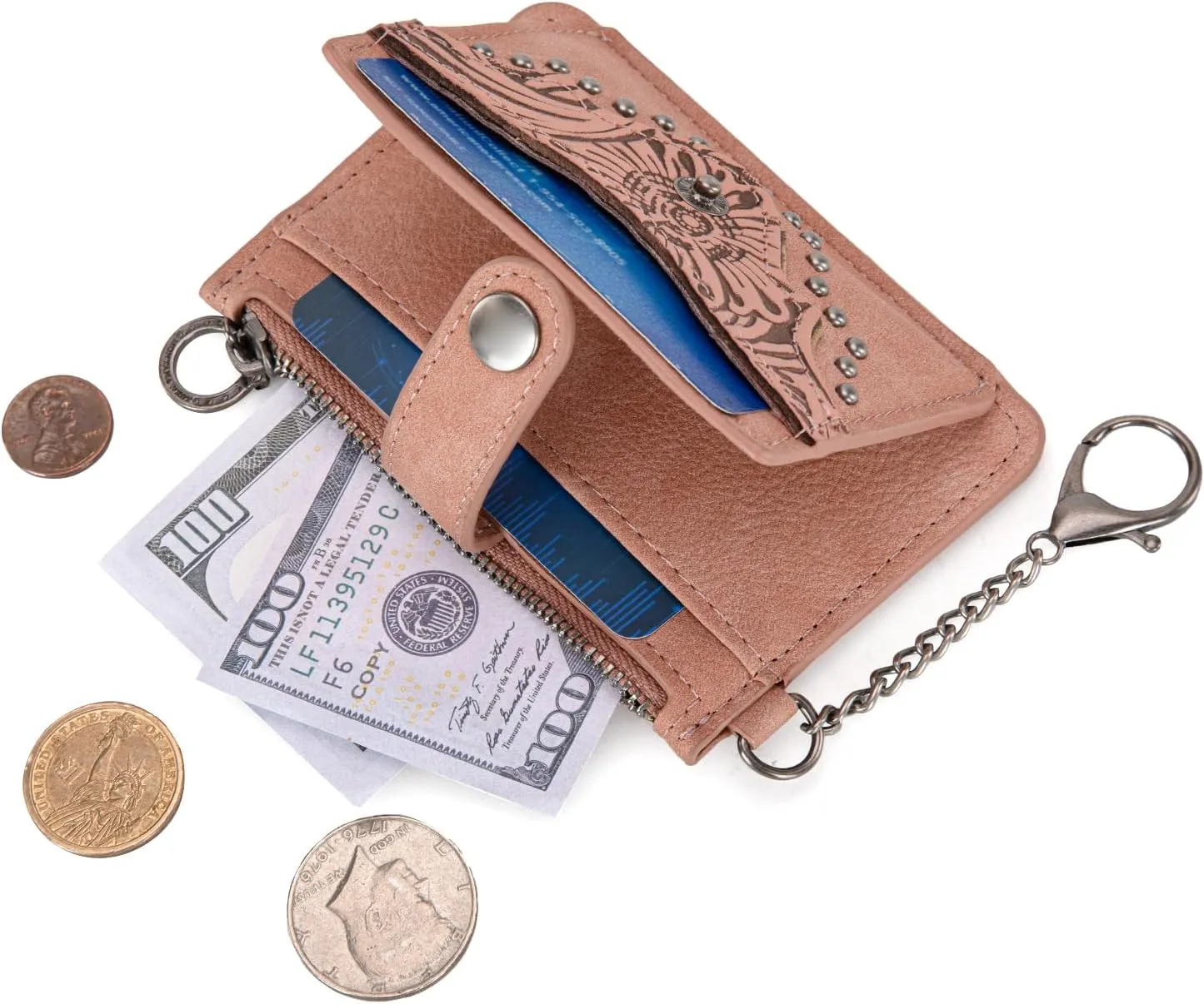 Montana West Slim Credit Card Holder for Women Rfid Blocking Western Card Cases & Money Organizers Bifold Small Card Wallets with Keychain and Smooth Metal Zipper, Minimalist & Compact Easy to Carry