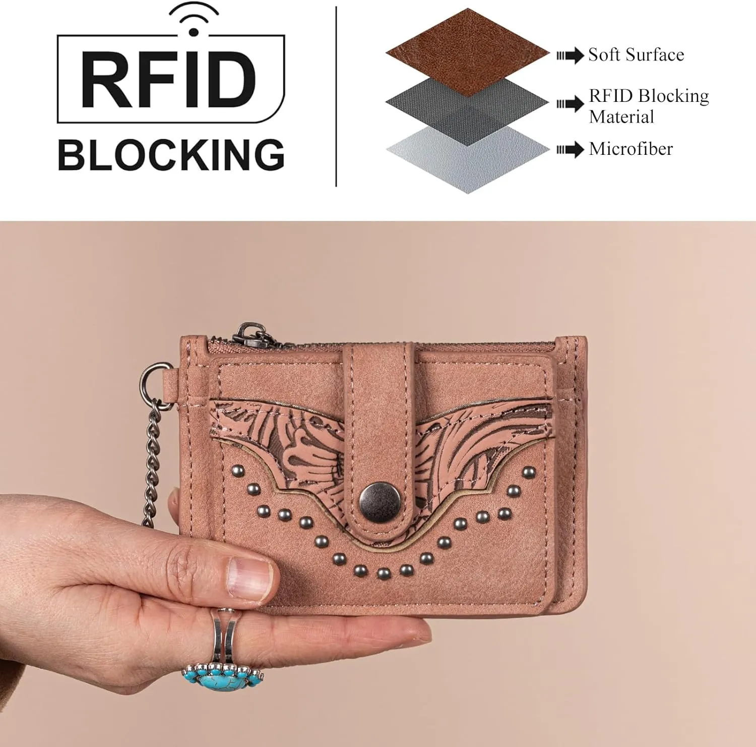 Montana West Slim Credit Card Holder for Women Rfid Blocking Western Card Cases & Money Organizers Bifold Small Card Wallets with Keychain and Smooth Metal Zipper, Minimalist & Compact Easy to Carry