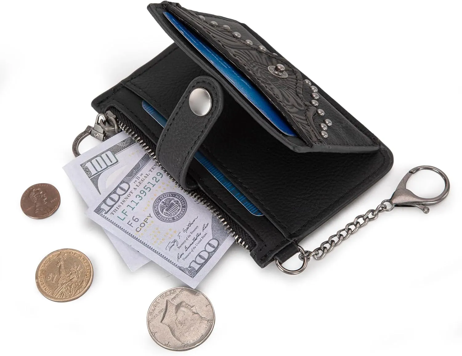 Montana West Small Wallet Women Black Credit Card Holder with Rfid Blocking Lining Western Wallet for Women with Keychain and Smooth Metal Zipper