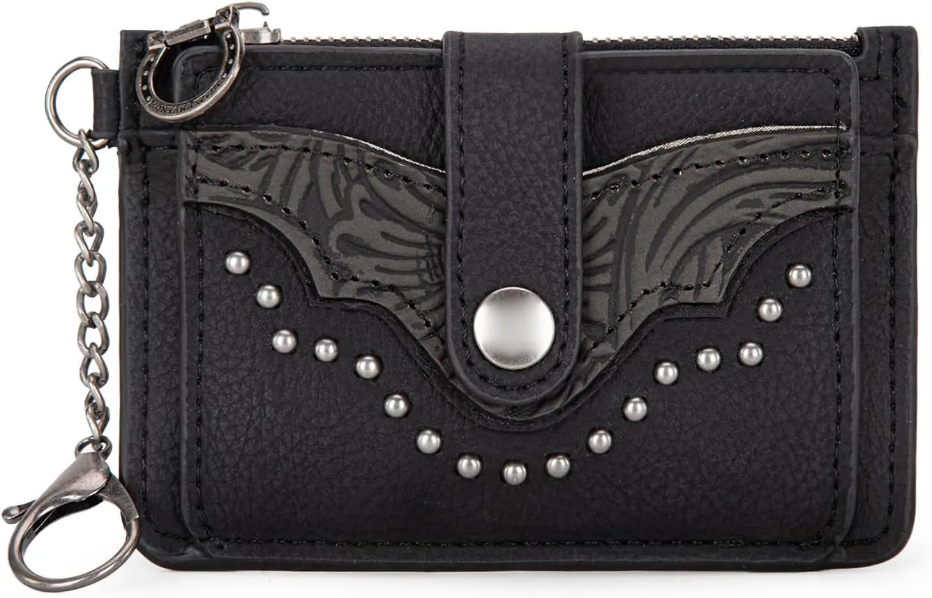 Montana West Small Wallet Women Black Credit Card Holder with Rfid Blocking Lining Western Wallet for Women with Keychain and Smooth Metal Zipper
