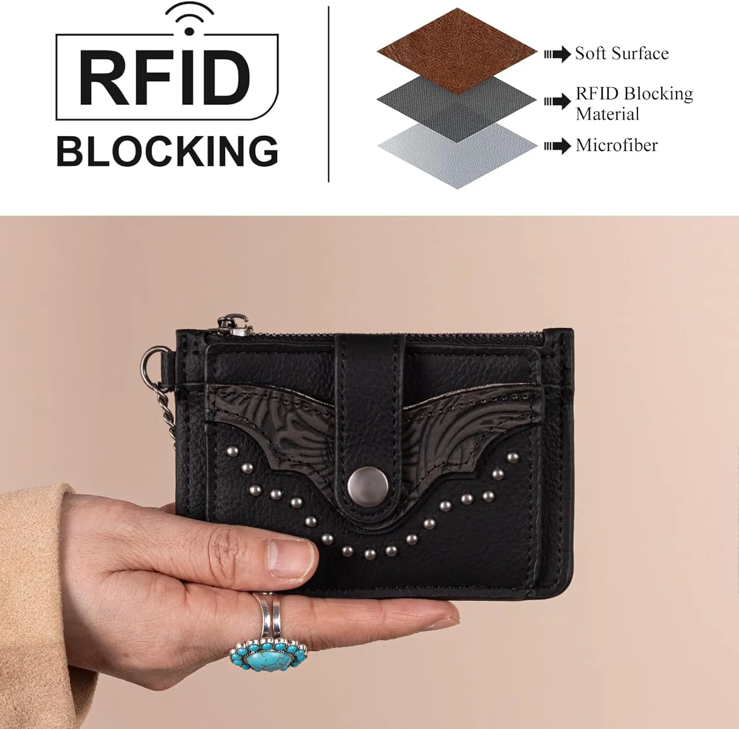 Montana West Small Wallet Women Black Credit Card Holder with Rfid Blocking Lining Western Wallet for Women with Keychain and Smooth Metal Zipper