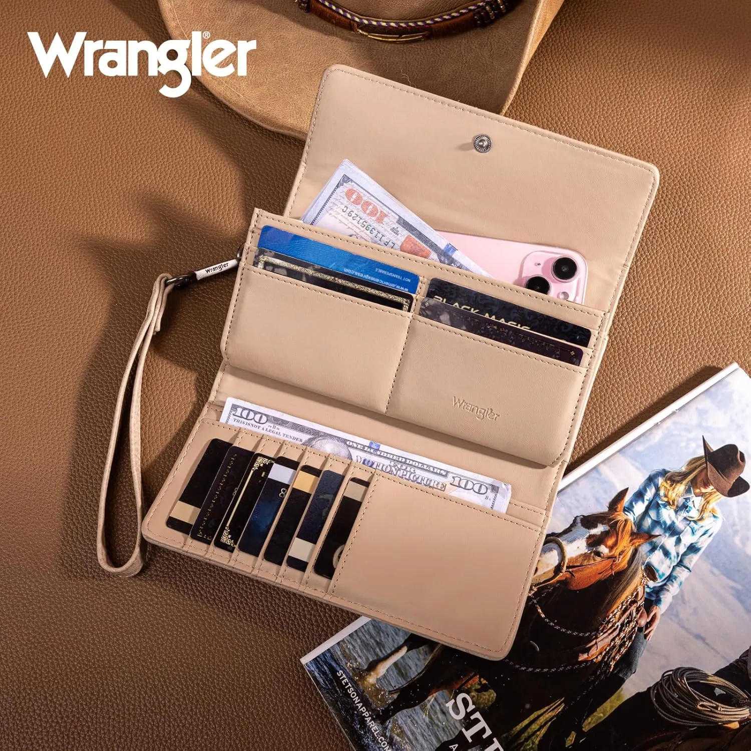 Montana West X Wrangler Western Wallets for Women Trifold Wristlet Wallets Large Capacity Women Clutch Wallet with Coin Purse