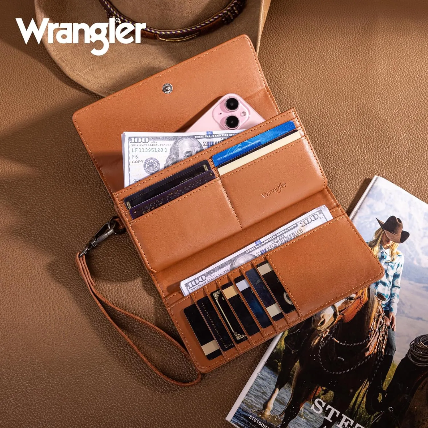 Montana West X Wrangler Western Wallets for Women Trifold Wristlet Wallets Large Capacity Women Clutch Wallet with Coin Purse