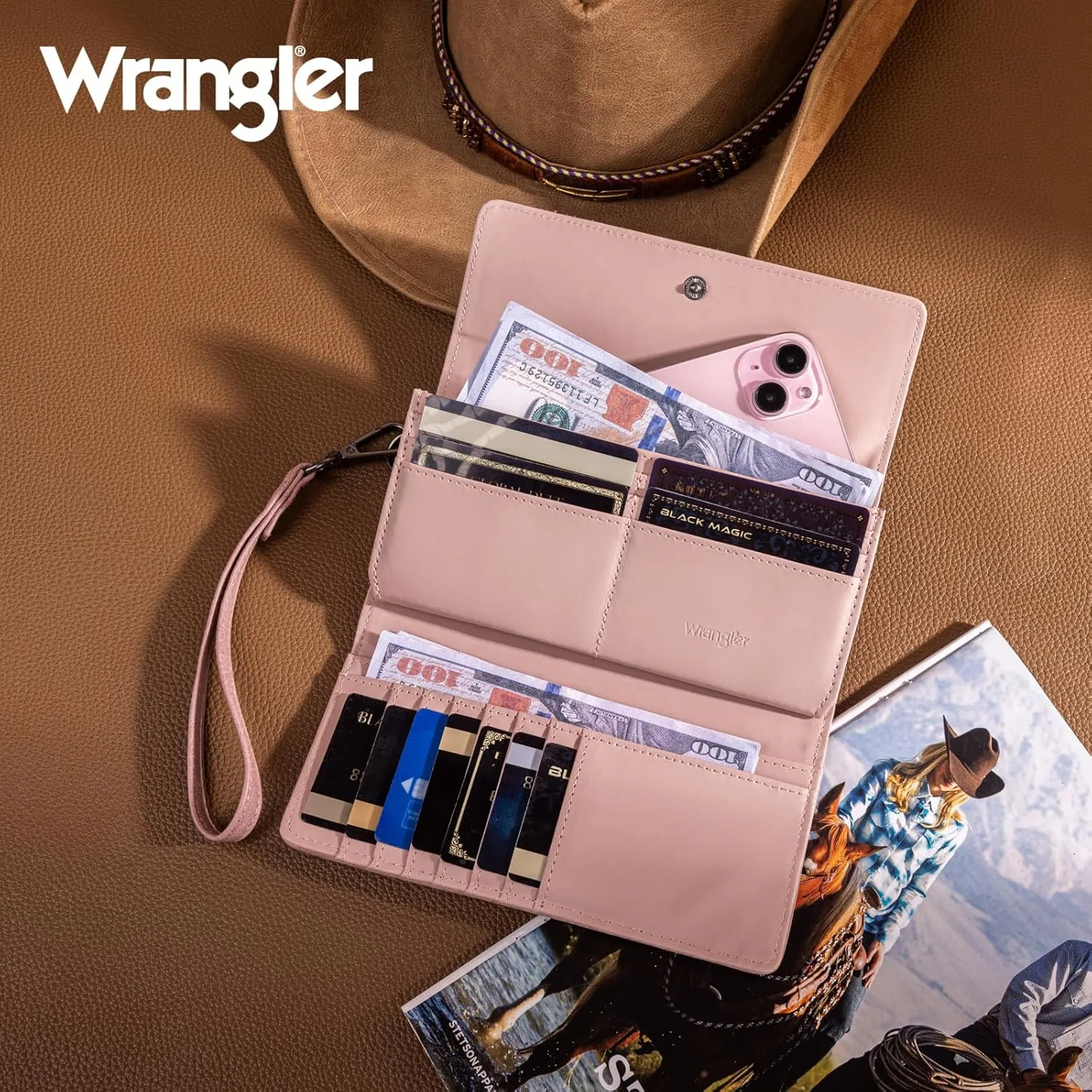 Montana West X Wrangler Western Wallets for Women Trifold Wristlet Wallets Large Capacity Women Clutch Wallet with Coin Purse