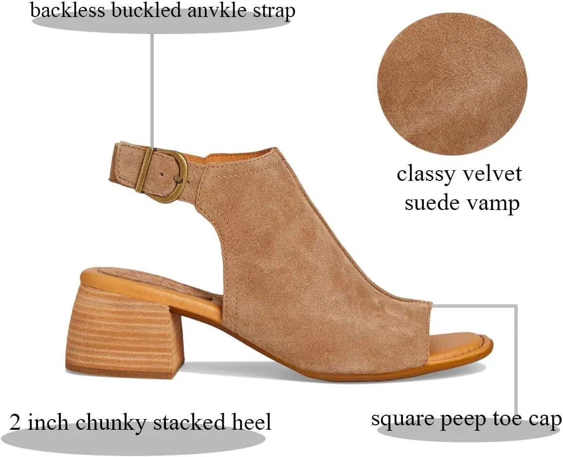 MOOMMO Women Chunky Stacked Heel Booties Sandals Suede Open Square Toe Cutout Ankle Boots Backless Mid Block Heels Slingback Sandals Buckle Ankle Strap Matte Peep Toe Summer Shoes Dressy 4-11 M US