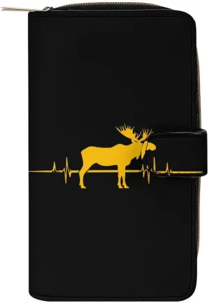 Moose Heartbeat Long Wallet PU Leather Credit Card Holder Durable Zippered Purse Clutch Wallet