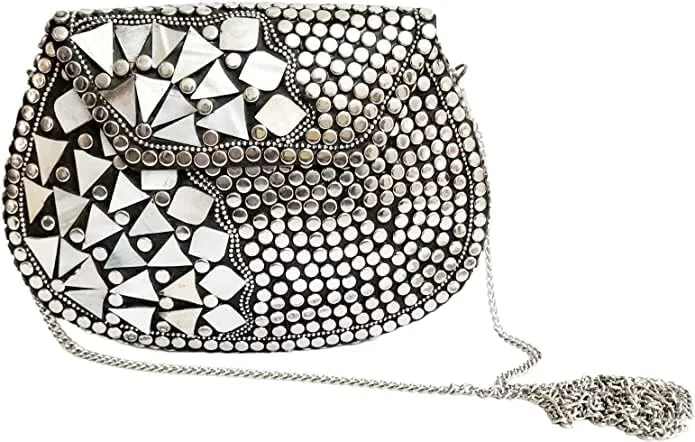 mosaic metal clutch crossbody women bag bohemian pattern with silver work embossed wedding valentiine gift