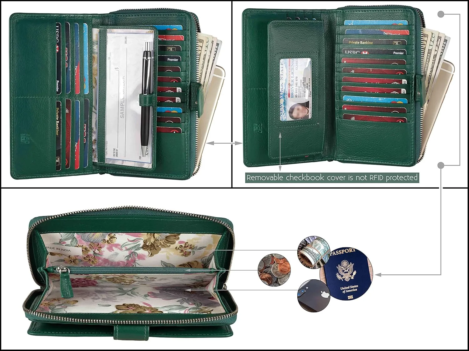 Mou Meraki Big Fat RFID Blocking Leather Organizer Checkbook Wallets For Women - Clutch