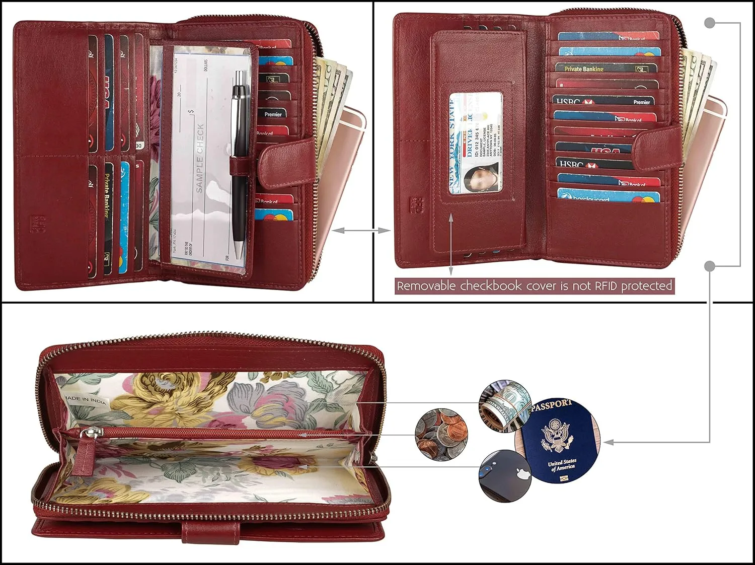 Mou Meraki Big Fat RFID Blocking Leather Organizer Checkbook Wallets For Women - Clutch