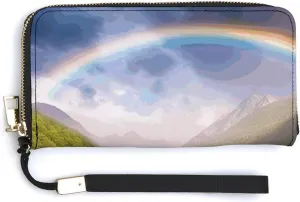 Mountain Valley with Rainbow Wallet Leather Zipper Around Clutch Wallet Large Capacity Purse with Wristlet Strap