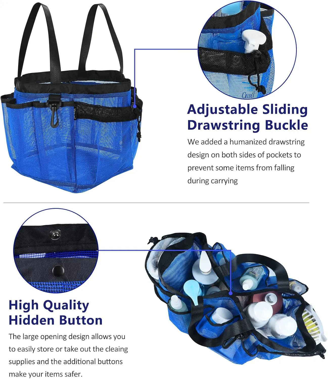 Moyad Large Mesh Shower Caddy Bag for College Dorm Room Essentials with 8 Pockets, Hanging Portable Shower Tote Bag Travel Shower Caddy Basket Toiletry Accessories for Bathroom, Klein Blue