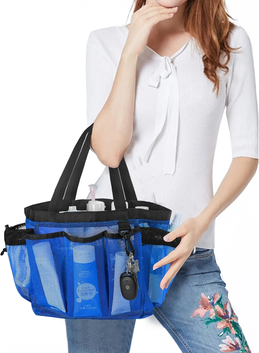 Moyad Large Mesh Shower Caddy Bag for College Dorm Room Essentials with 8 Pockets, Hanging Portable Shower Tote Bag Travel Shower Caddy Basket Toiletry Accessories for Bathroom, Klein Blue