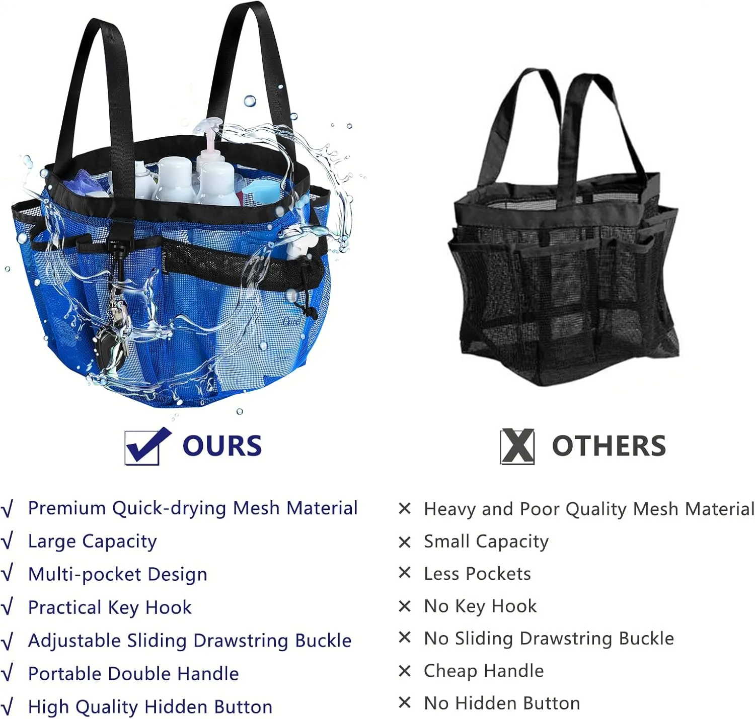 Moyad Large Mesh Shower Caddy Bag for College Dorm Room Essentials with 8 Pockets, Hanging Portable Shower Tote Bag Travel Shower Caddy Basket Toiletry Accessories for Bathroom, Klein Blue