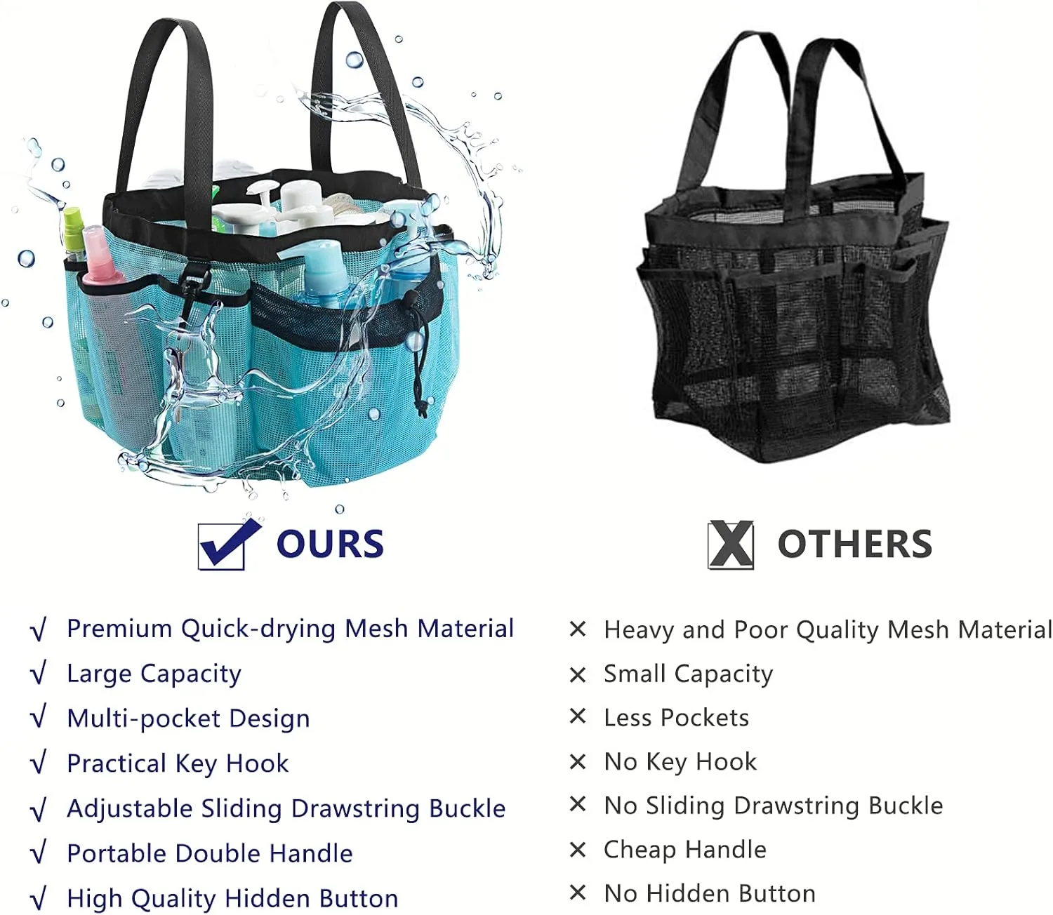 Moyad Large Mesh Shower Caddy Basket with Handle Portable Shower Tote Bag Beach Bag College Dorm Room Essentials Bathroom Organizer College Travel Camping Accessories, Blue