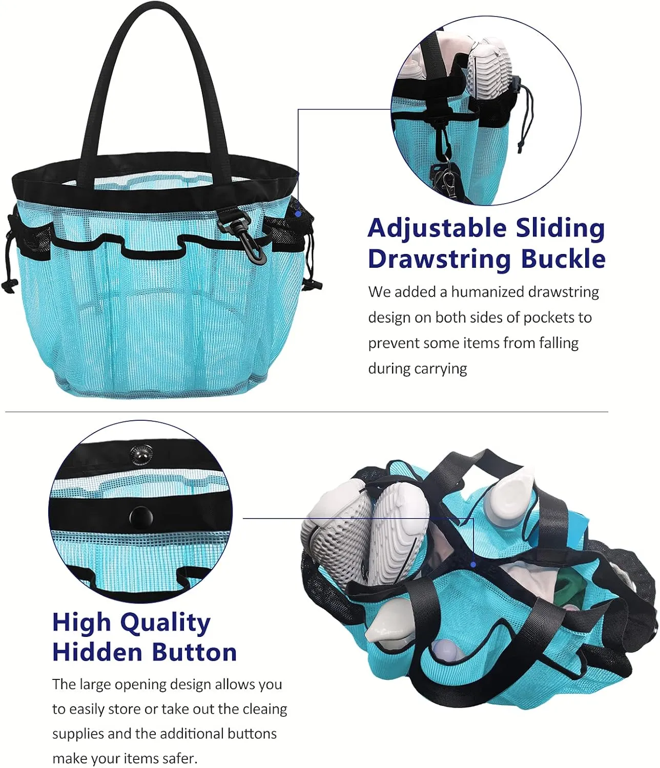 Moyad Large Mesh Shower Caddy Basket with Handle Portable Shower Tote Bag Beach Bag College Dorm Room Essentials Bathroom Organizer College Travel Camping Accessories, Blue