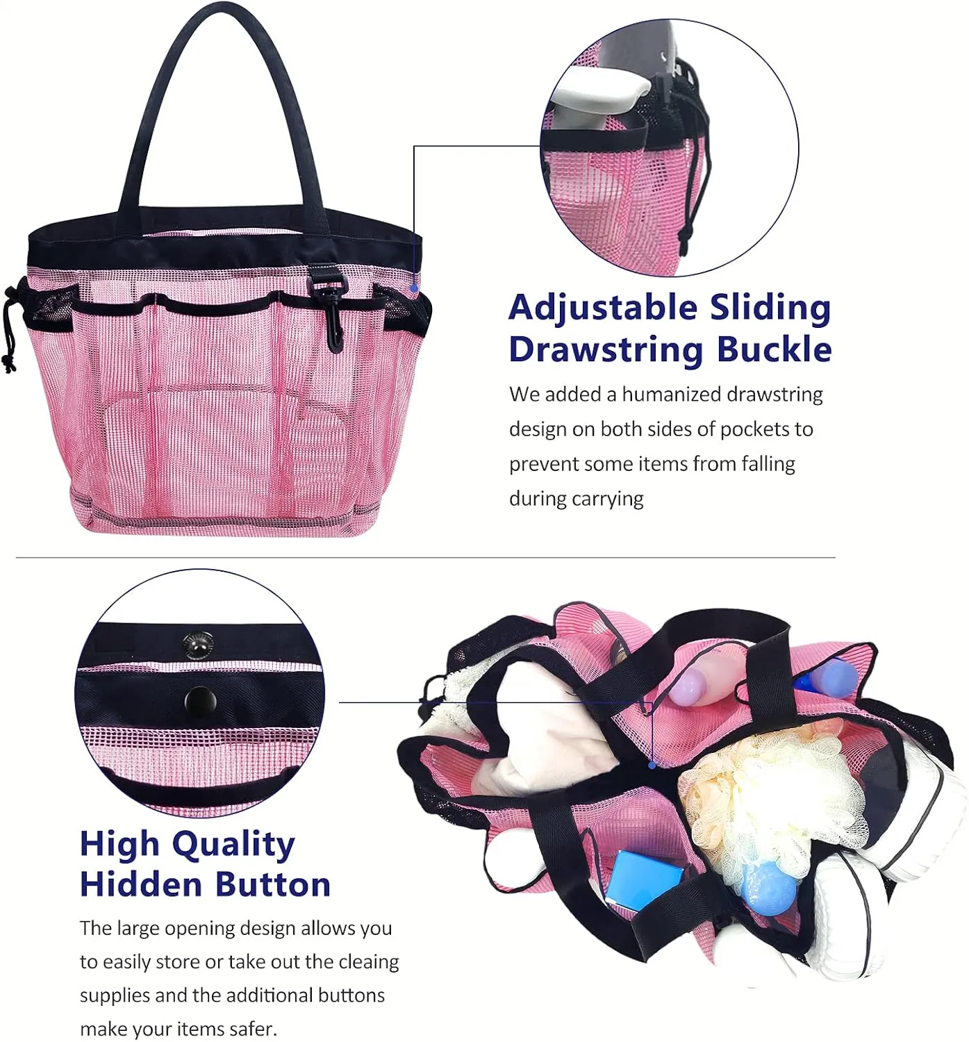 Moyad Large Mesh Shower Caddy Hanging Beach Tote Bag Travel Portable Cleaning Caddy Shower Organizer Camping Accessories College Dorm Room Essentials, Pink