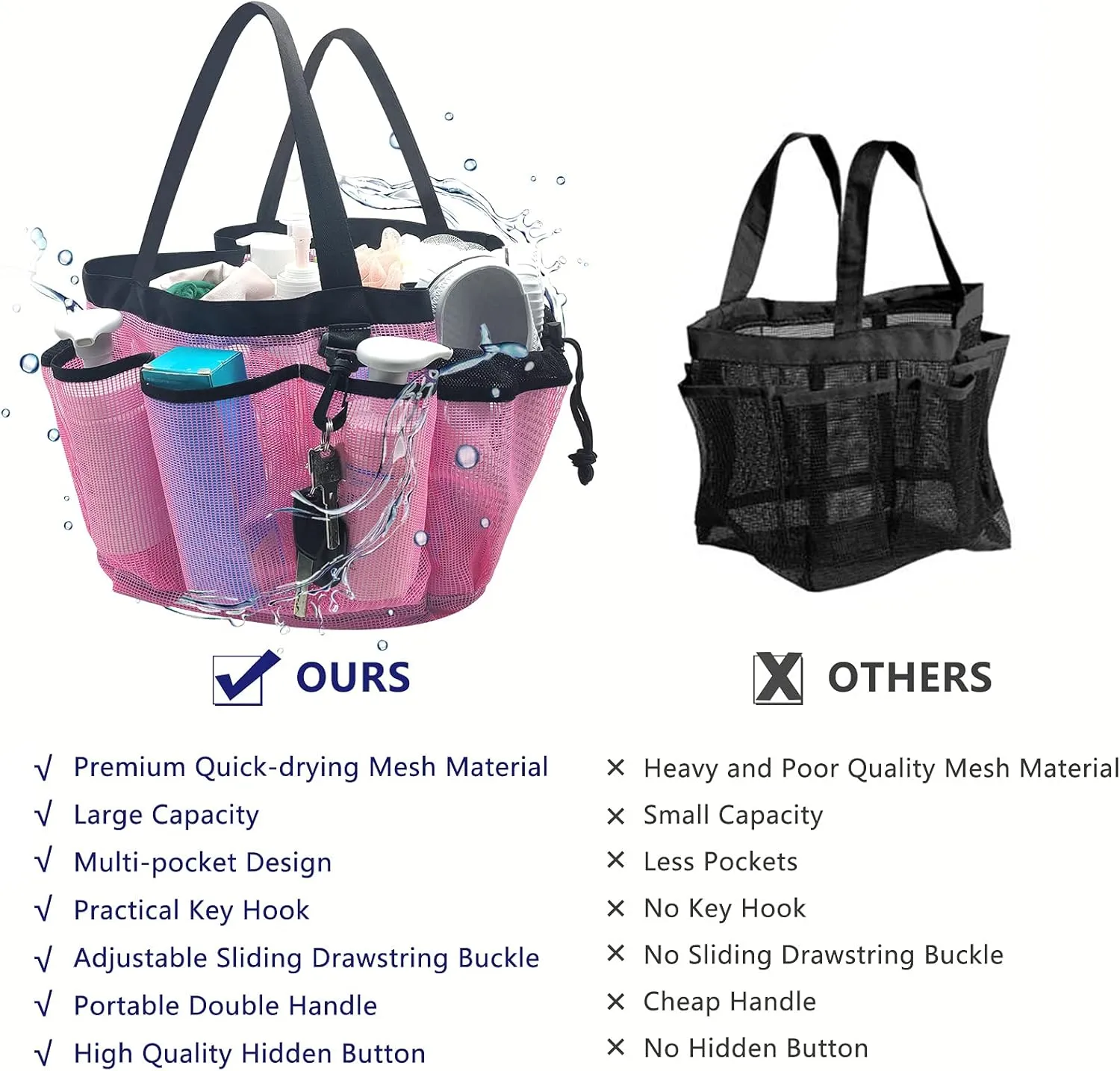 Moyad Large Mesh Shower Caddy Hanging Beach Tote Bag Travel Portable Cleaning Caddy Shower Organizer Camping Accessories College Dorm Room Essentials, Pink