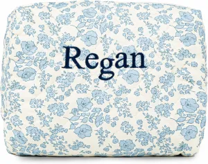 MT WORLD Cotton Floral Makeup Bag Personalized Travel Toiletry Bag with Embroidered Name Large Quilted Cosmetic Pouches for Women Girls Snack Bag Puffy Pouch Bridesmaid Gift (White Blue)