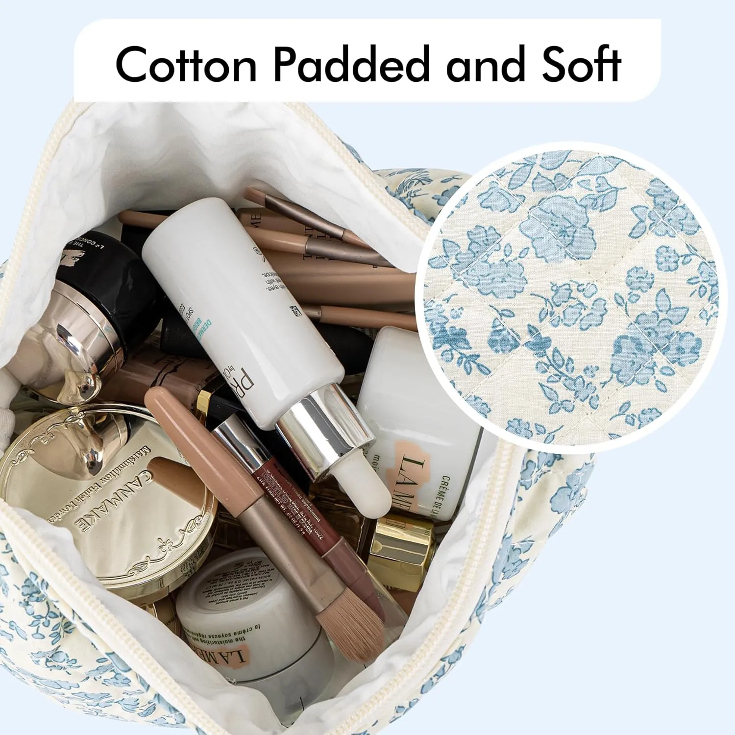 MT WORLD Cotton Floral Makeup Bag Personalized Travel Toiletry Bag with Embroidered Name Large Quilted Cosmetic Pouches for Women Girls Snack Bag Puffy Pouch Bridesmaid Gift (White Blue)