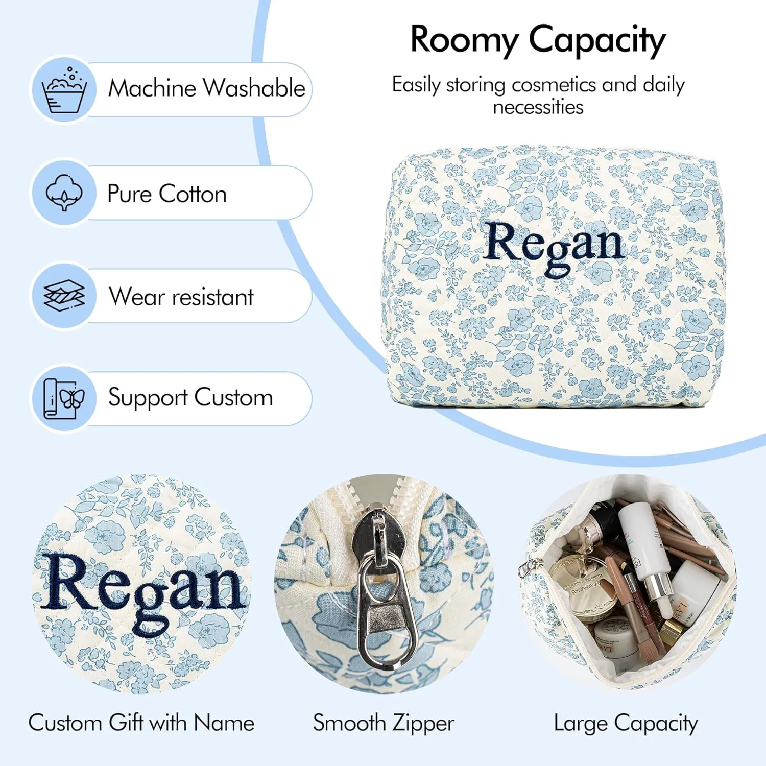 MT WORLD Cotton Floral Makeup Bag Personalized Travel Toiletry Bag with Embroidered Name Large Quilted Cosmetic Pouches for Women Girls Snack Bag Puffy Pouch Bridesmaid Gift (White Blue)