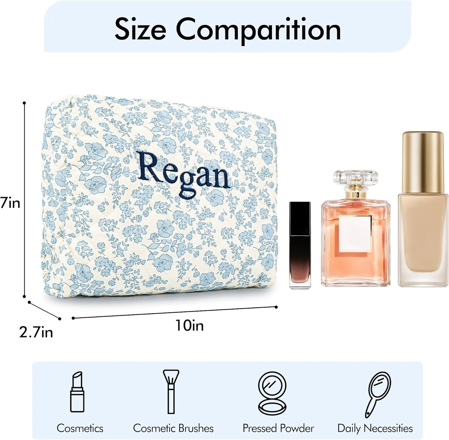 MT WORLD Cotton Floral Makeup Bag Personalized Travel Toiletry Bag with Embroidered Name Large Quilted Cosmetic Pouches for Women Girls Snack Bag Puffy Pouch Bridesmaid Gift (White Blue)