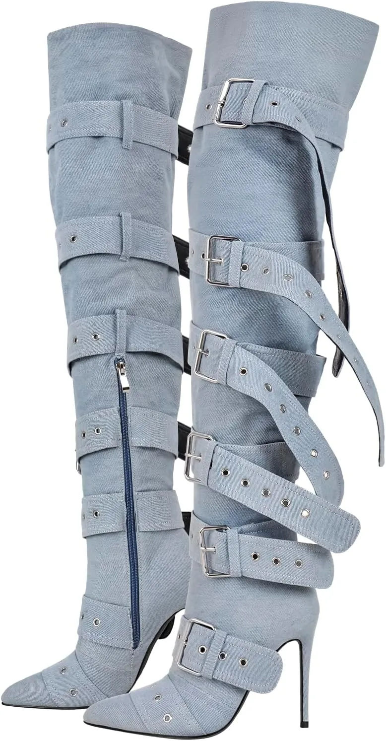 Multi Buckle Strap Over the Knee Pointed Toe Belts Stiletto Heeled Booty Thigh High