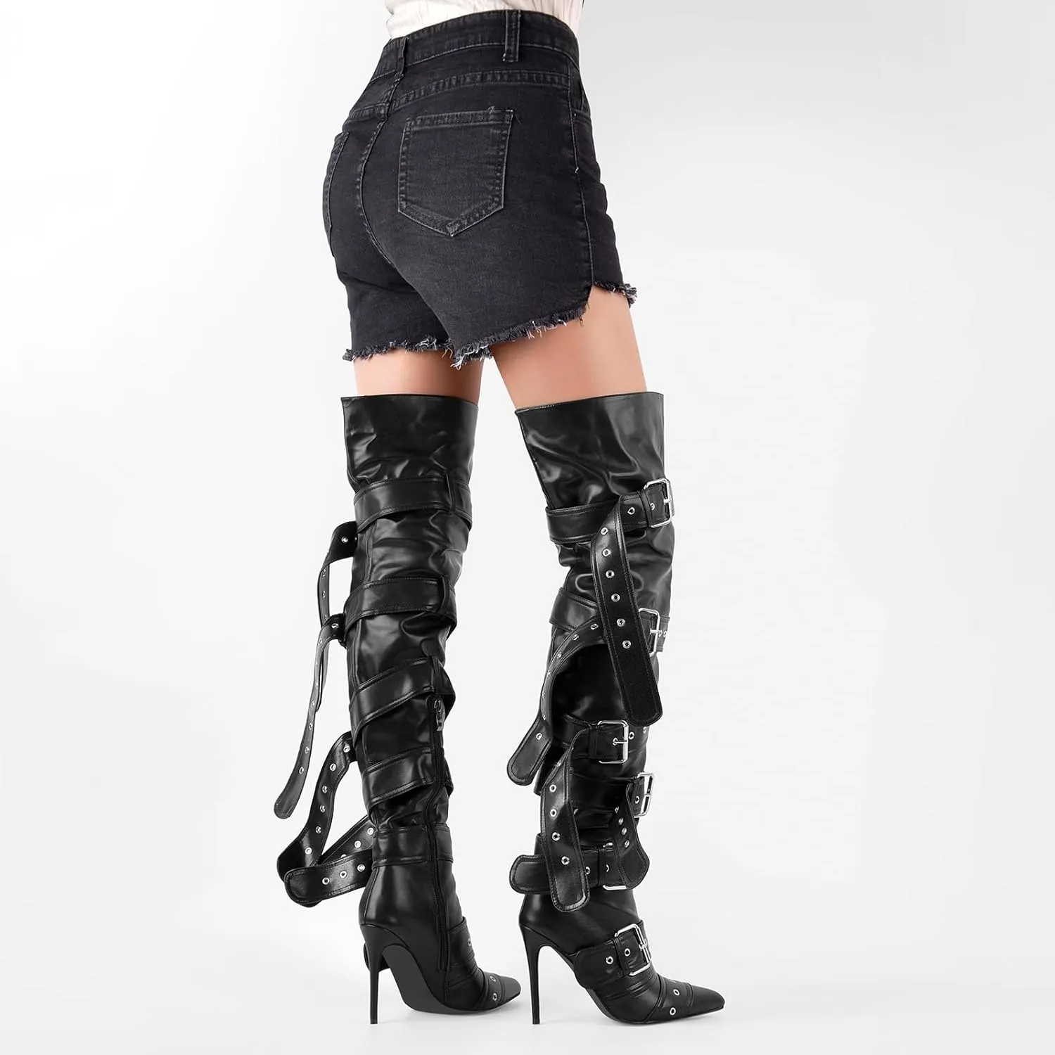 Multi Buckle Strap Over the Knee Pointed Toe Belts Stiletto Heeled Booty Thigh High