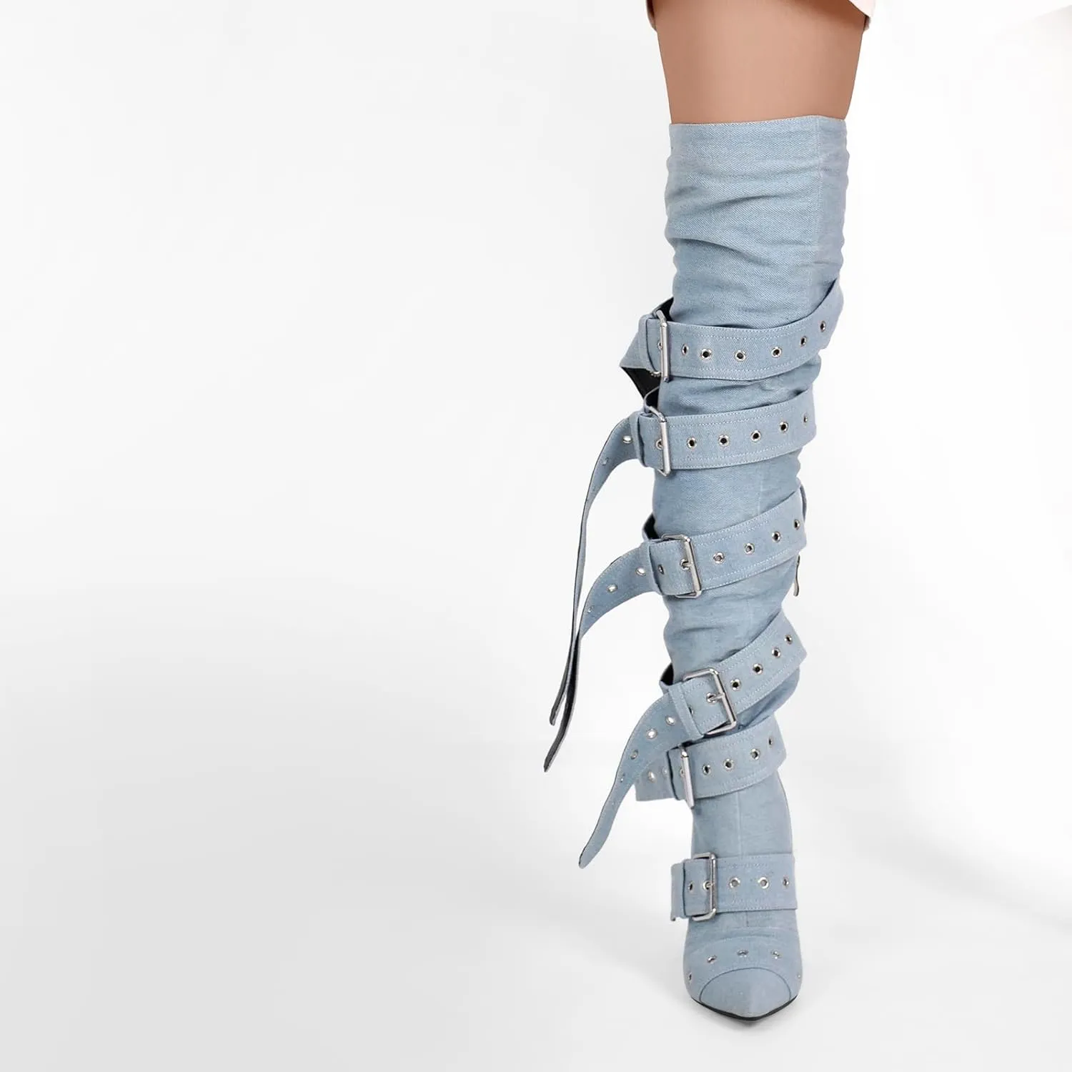 Multi Buckle Strap Over the Knee Pointed Toe Belts Stiletto Heeled Booty Thigh High