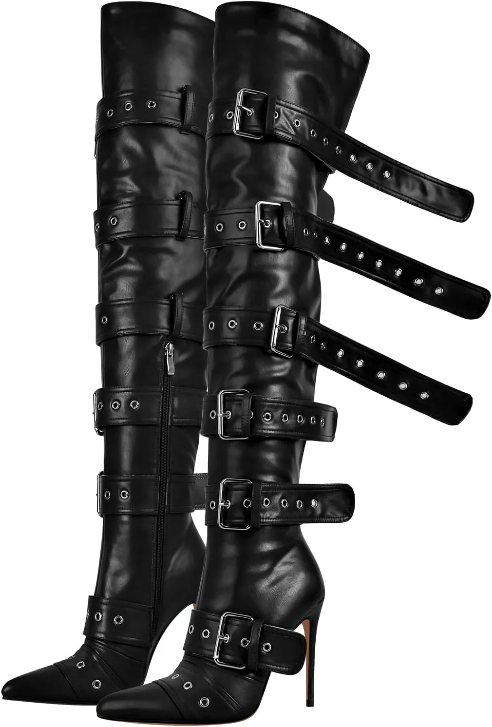 Multi Buckle Strap Over the Knee Pointed Toe Belts Stiletto Heeled Booty Thigh High