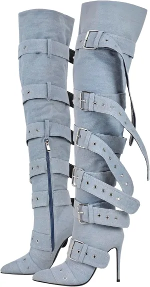 Multi Buckle Strap Over the Knee Pointed Toe Belts Stiletto Heeled Booty Thigh High