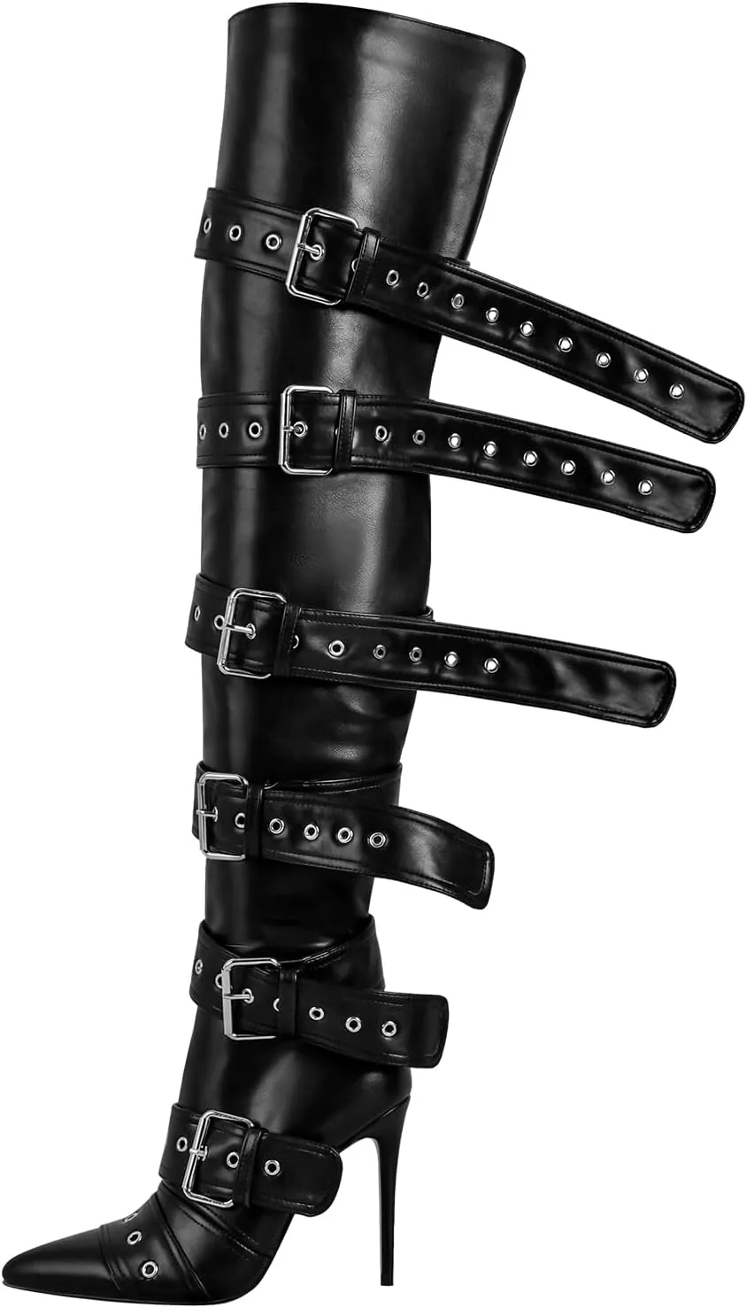 Multi Buckle Strap Over the Knee Pointed Toe Belts Stiletto Heeled Booty Thigh High