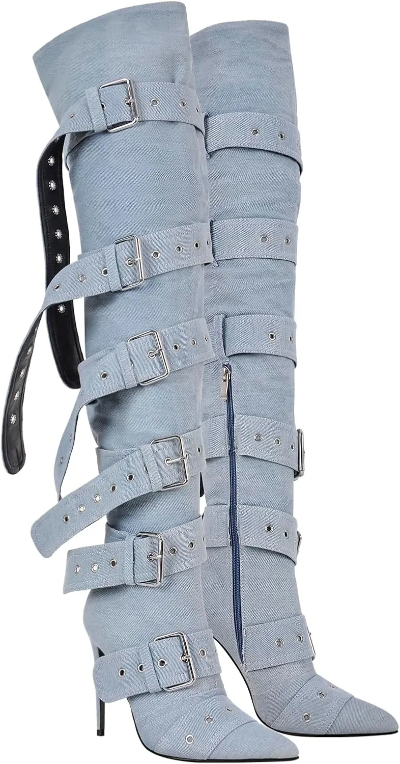 Multi Buckle Strap Over the Knee Pointed Toe Belts Stiletto Heeled Booty Thigh High