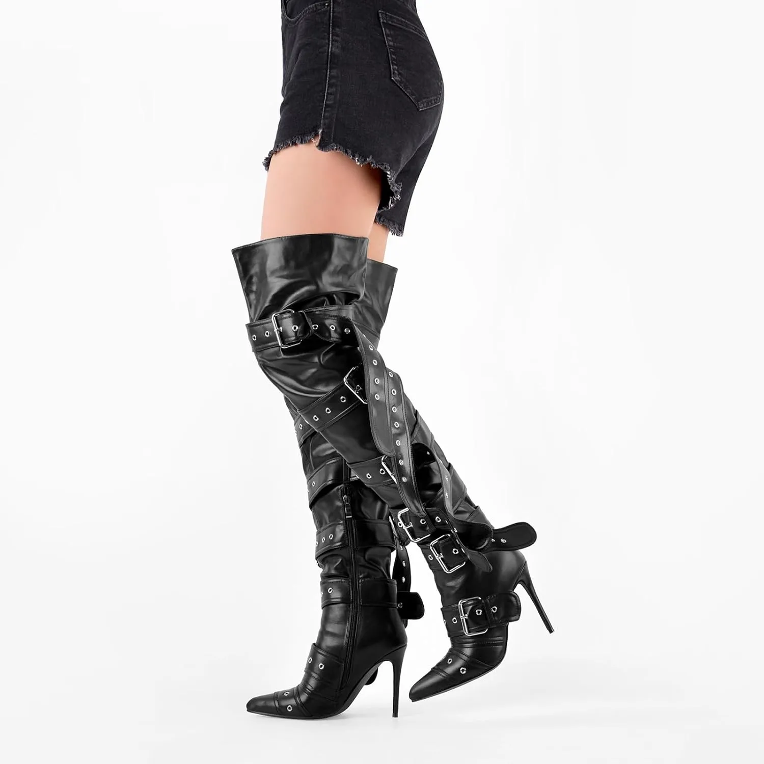 Multi Buckle Strap Over the Knee Pointed Toe Belts Stiletto Heeled Booty Thigh High