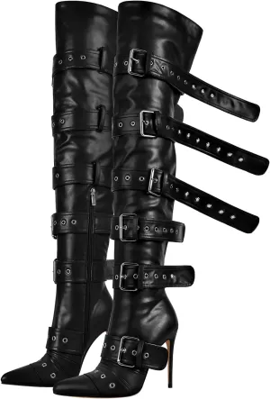 Multi Buckle Strap Over the Knee Pointed Toe Belts Stiletto Heeled Booty Thigh High