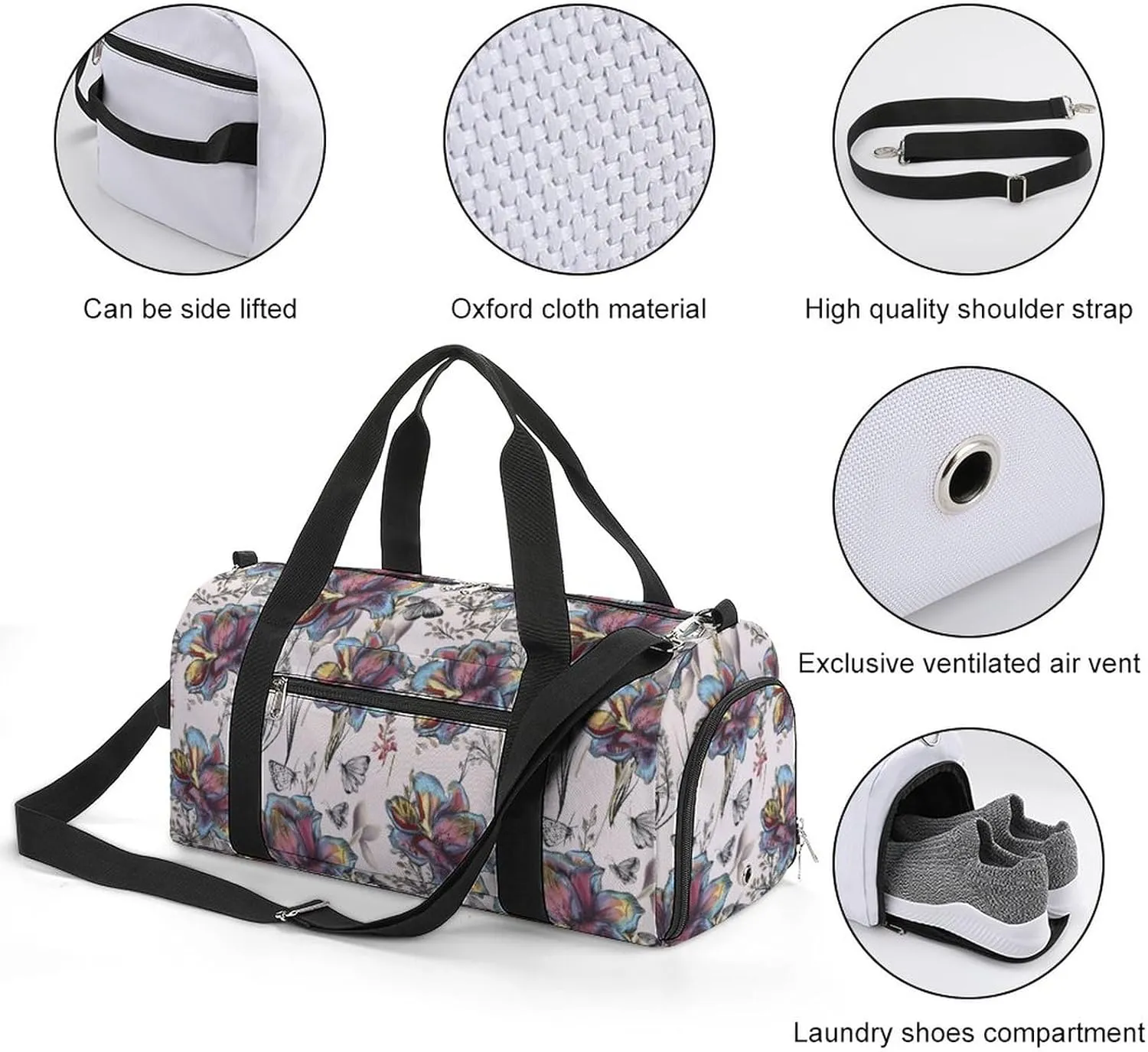Multicolor-flowers Sports Tote Gym Bag for Women Men, Overnight Bag with Shoe Compartment Water Resistant