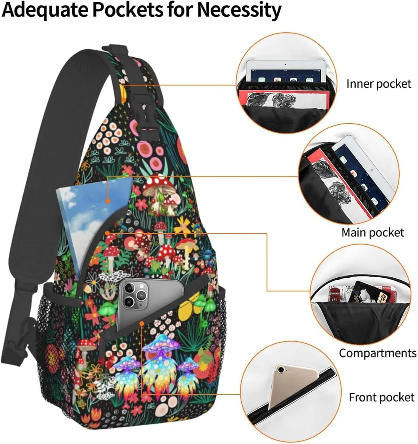 Mushroom Sling Bag Travel Crossbody Bag Chest Daypack Hiking Shoulder Bag For Men Women