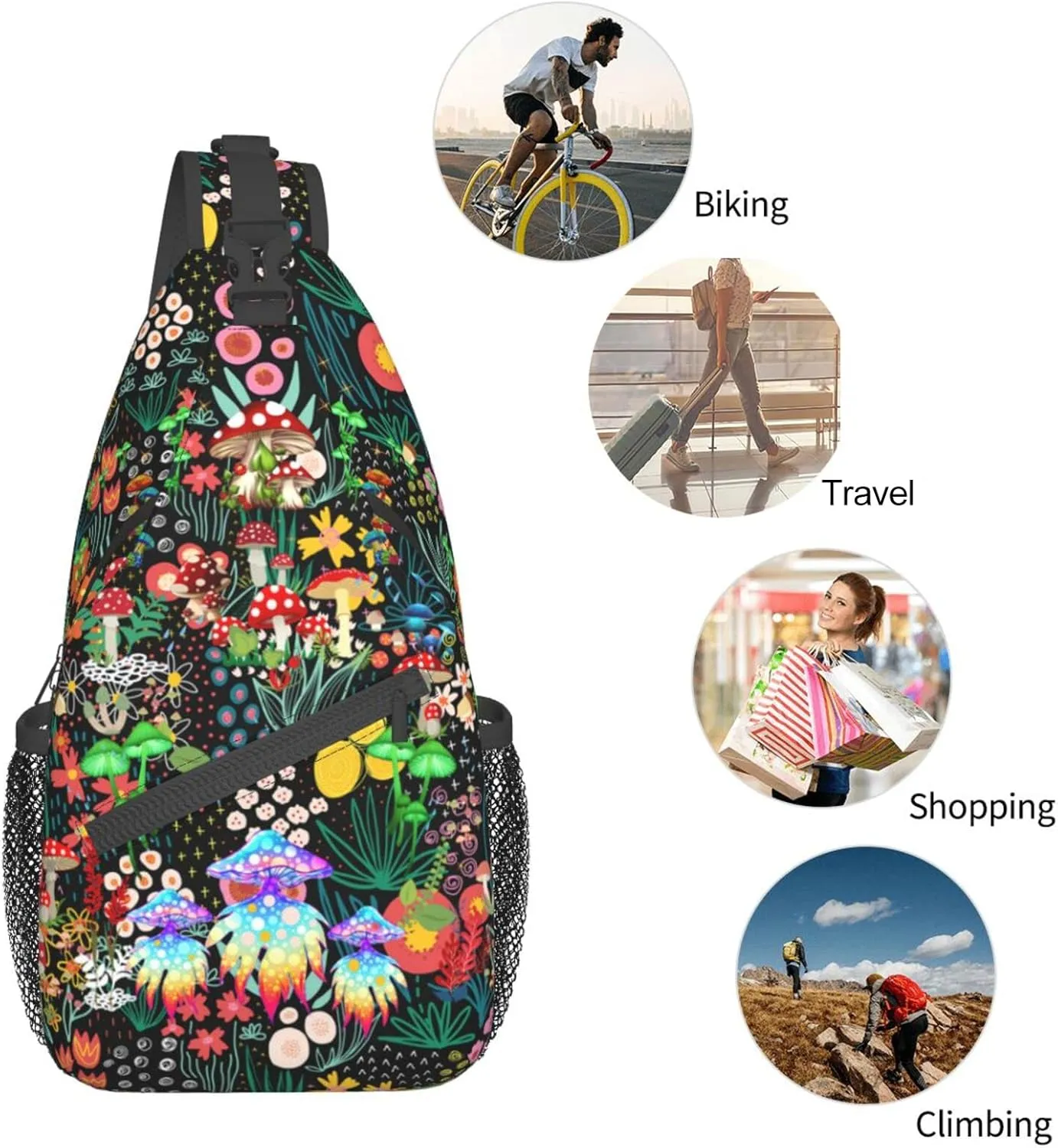 Mushroom Sling Bag Travel Crossbody Bag Chest Daypack Hiking Shoulder Bag For Men Women