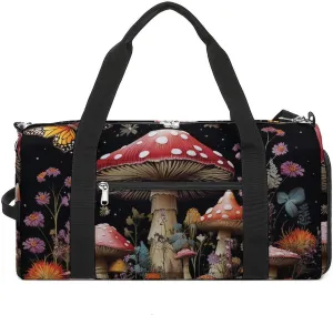Mushrooms And Butterflies on Black Background Sports Gym Bag Carry on Holdalls for Men Small Duffel Bags for Women with Shoe Compartment