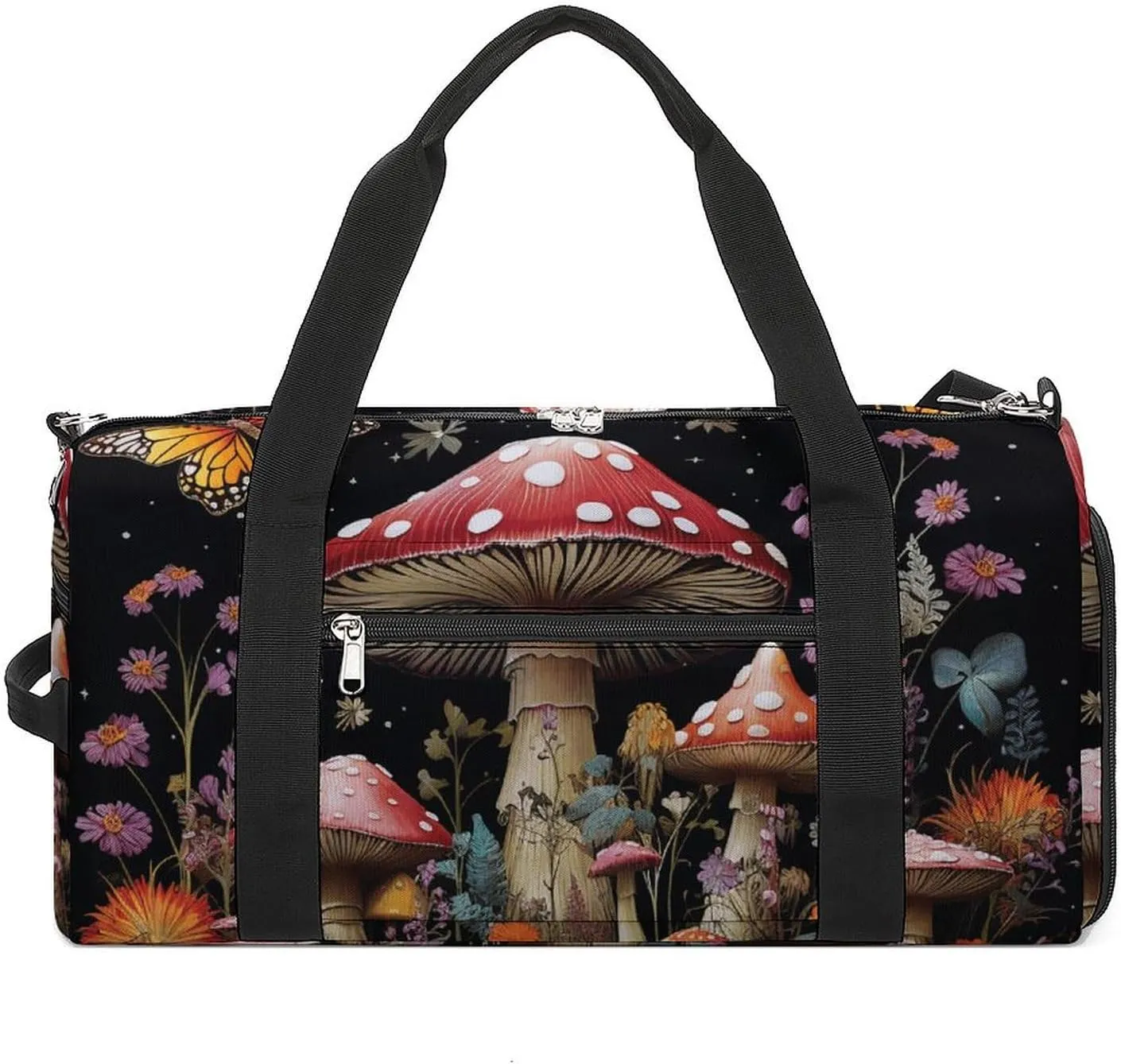 Mushrooms And Butterflies on Black Background Sports Gym Bag Carry on Holdalls for Men Small Duffel Bags for Women with Shoe Compartment