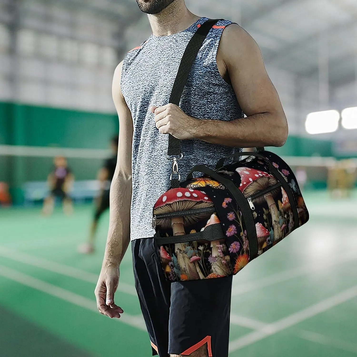 Mushrooms And Butterflies on Black Background Sports Gym Bag Carry on Holdalls for Men Small Duffel Bags for Women with Shoe Compartment