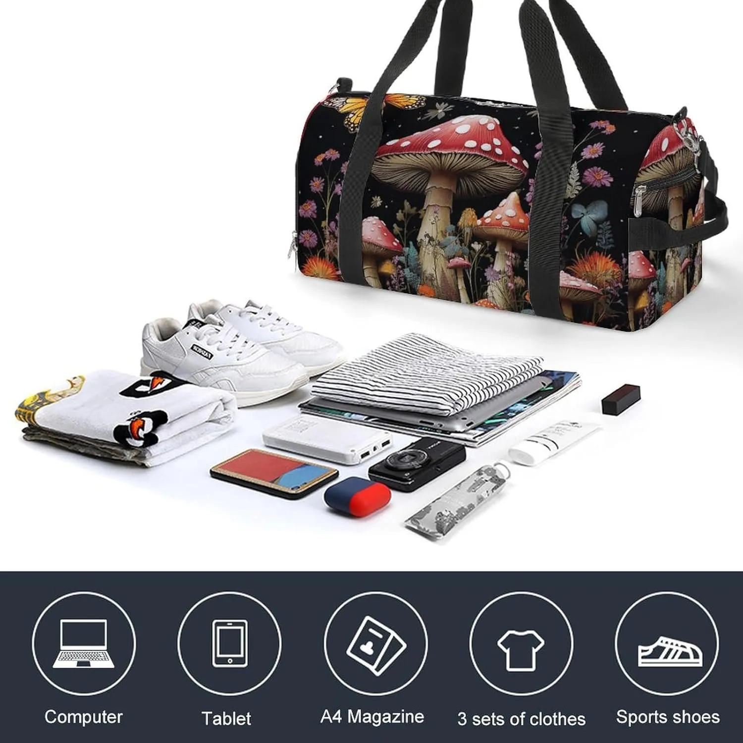 Mushrooms And Butterflies on Black Background Sports Gym Bag Carry on Holdalls for Men Small Duffel Bags for Women with Shoe Compartment